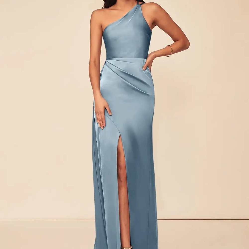 Azazie Maron Stretch Satin Dress - Dusty Blue - New With Tags
